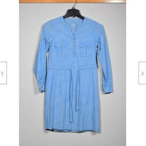 Cabelas 100% Cotton Light Blue Chambray Cinch Waist Roll Sleeve Shirt Dress Sz S
